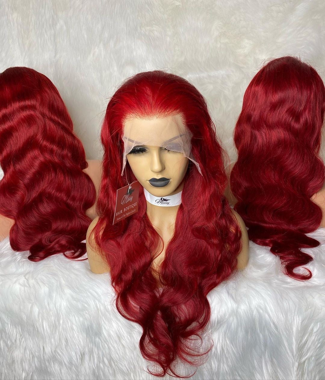 Long Side Part Wavy Crimson Red with Dark Roots Human Hair Wigs -  RogerMedina014
