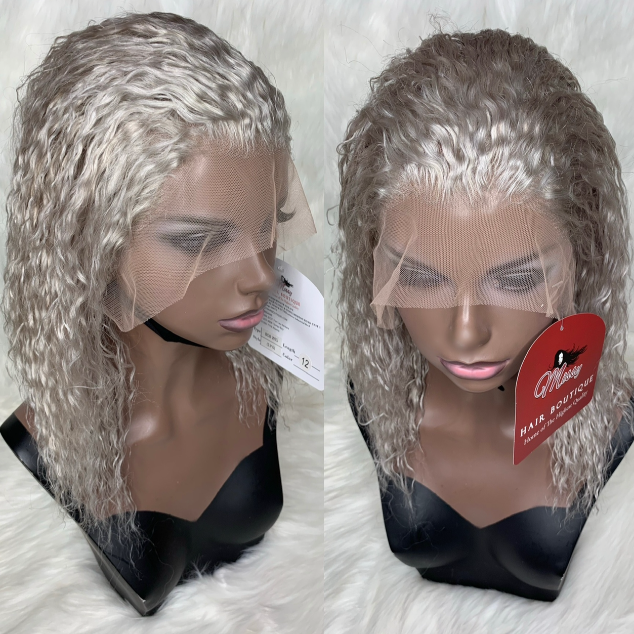 14” Grey CURLY  BOB Transparent Lace Front
